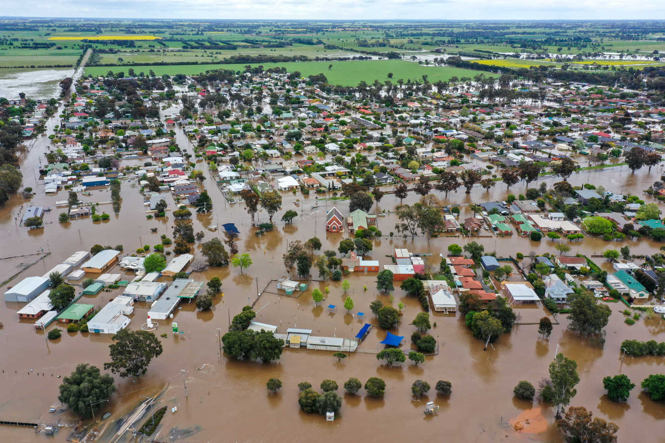 Aerial shot of severe flooding in a regional Victorian town.